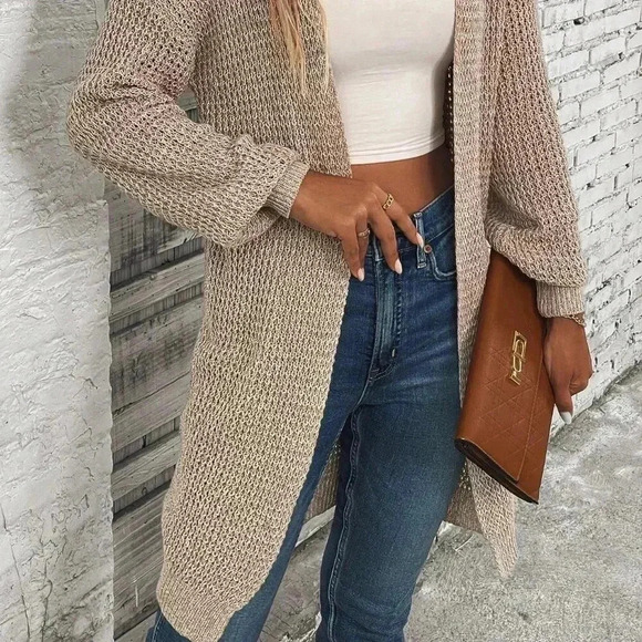 Khaki Casual Women's Drop Shoulder Design Cardigan - Picture 4 of 6